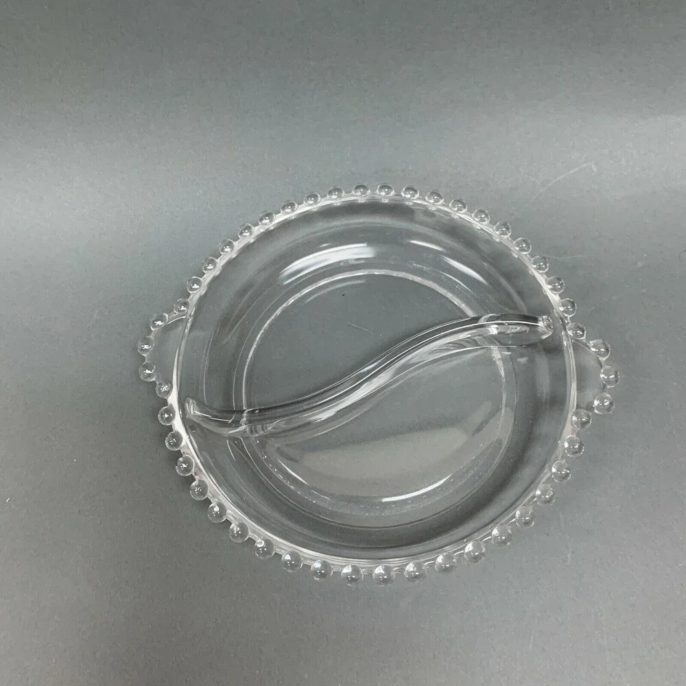 Ohio Imperial‎ Glass Divided Bowl Plate Clear Beaded Candlewick Handles